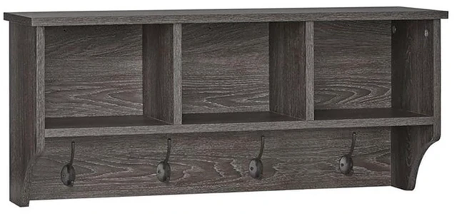 Main image of Home Woodbury Collection Cubbies and Hooks Wall Shelf, Dark Weathered Woodgrain
