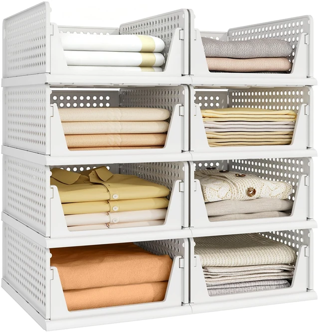 Main image of 8 Pack Closet Organizer Storage Bins Stackable Plastic Drawer Shelf | Basket for Clothing Stackable Storage Bins Shelf Storage Container for Closet Wardrobe Bedroom Bathroom Office White Foldable