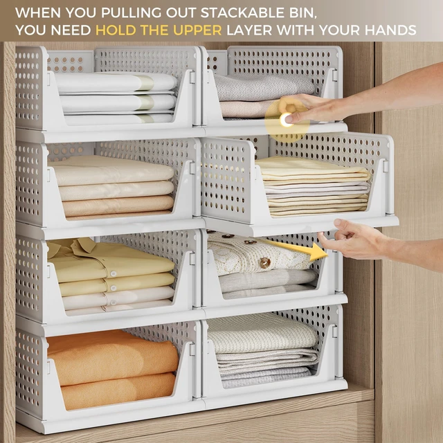 Alt view image 2 of 7 - 8 Pack Closet Organizer Storage Bins Stackable Plastic Drawer Shelf | Basket for Clothing Stackable Storage Bins Shelf Storage Container for Closet Wardrobe Bedroom Bathroom Office White Foldable