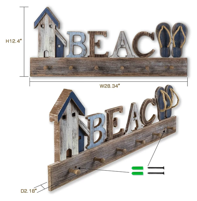 Alt view image 2 of 6 - SAILINGSTORY Beach Sign Coat Rack Wall Mounted Coat Hanger Beach Decor | Coastal Beach Wall Decor
