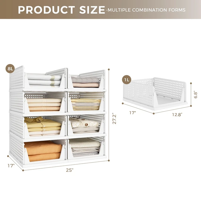 Alt view image 4 of 7 - 8 Pack Closet Organizer Storage Bins Stackable Plastic Drawer Shelf | Basket for Clothing Stackable Storage Bins Shelf Storage Container for Closet Wardrobe Bedroom Bathroom Office White Foldable