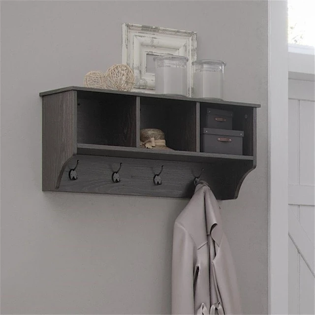 Alt view image 2 of 7 - Home Woodbury Collection Cubbies and Hooks Wall Shelf, Dark Weathered Woodgrain