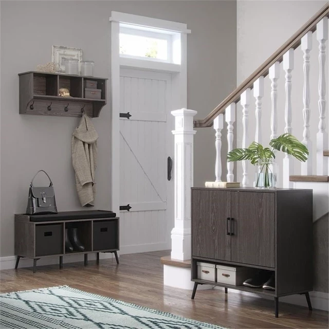 Alt view image 5 of 7 - Home Woodbury Collection Cubbies and Hooks Wall Shelf, Dark Weathered Woodgrain