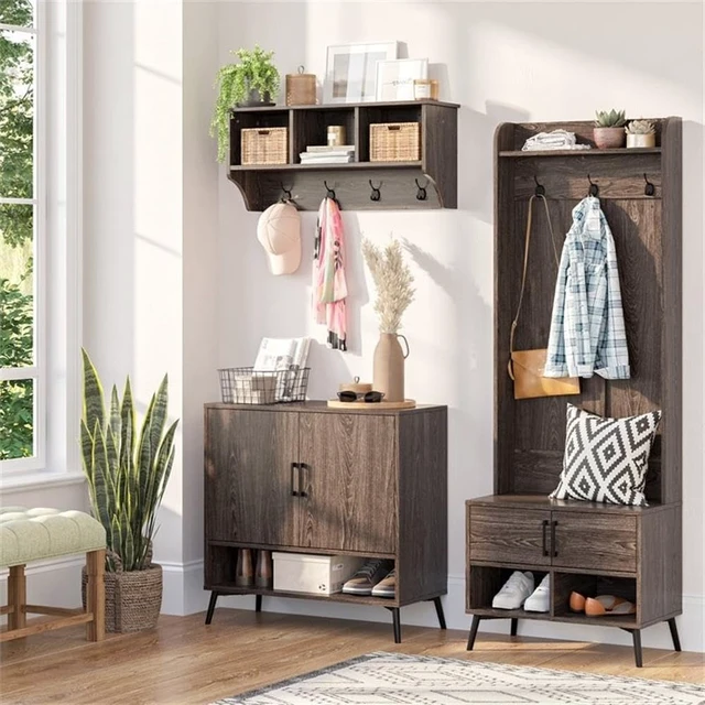 Alt view image 6 of 7 - Home Woodbury Collection Cubbies and Hooks Wall Shelf, Dark Weathered Woodgrain