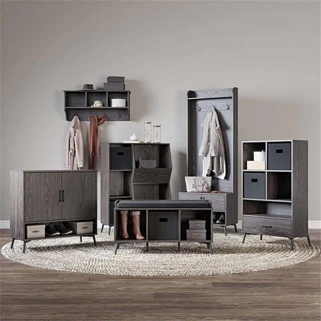 Alt view image 7 of 7 - Home Woodbury Collection Cubbies and Hooks Wall Shelf, Dark Weathered Woodgrain