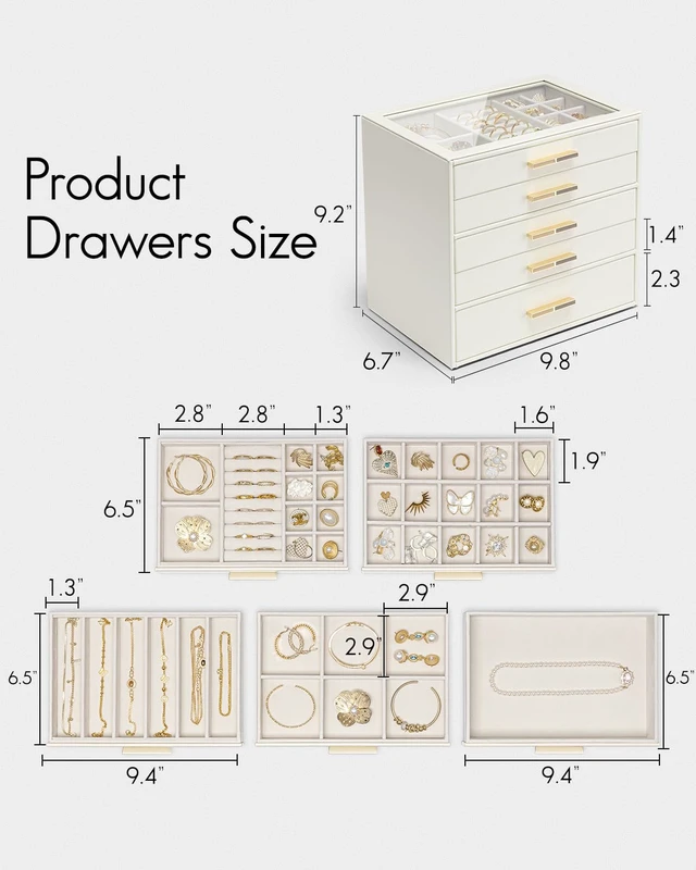 Alt view image 2 of 5 - 5 Layer Jewelry Box for Women, Glass Lid Jewelry Organizer with 5 Drawers for Necklaces Rings Earrings Bracelets - Cloud White