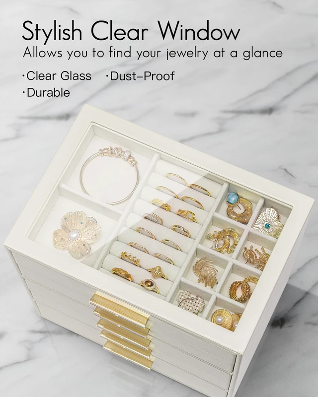 Alt view image 4 of 5 - 5 Layer Jewelry Box for Women, Glass Lid Jewelry Organizer with 5 Drawers for Necklaces Rings Earrings Bracelets - Cloud White