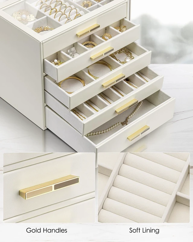 Alt view image 5 of 5 - 5 Layer Jewelry Box for Women, Glass Lid Jewelry Organizer with 5 Drawers for Necklaces Rings Earrings Bracelets - Cloud White