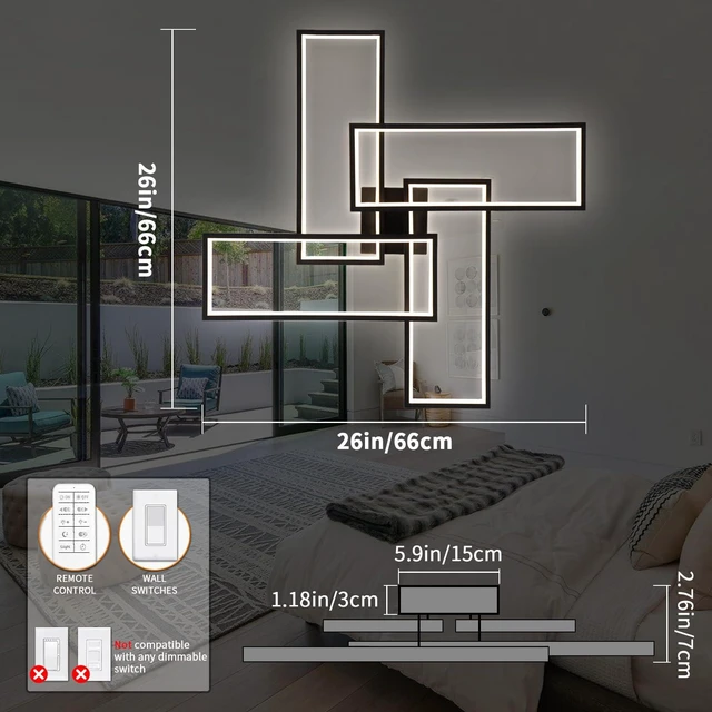 Alt view image 5 of 7 - Modern LED Ceiling Lights for Bedroom 26" Dimmable Square Ceiling Lights for Living Room with Remote Control Black Bedroom Light Fixture for Kitchen,Bathroom,Balcony