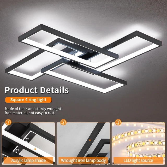 Alt view image 6 of 7 - Modern LED Ceiling Lights for Bedroom 26" Dimmable Square Ceiling Lights for Living Room with Remote Control Black Bedroom Light Fixture for Kitchen,Bathroom,Balcony