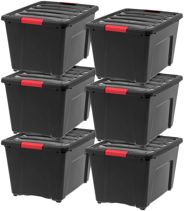 Main image of 6-Pack 54 Quart Storage Bins with Lids, Black | Black finish conceals stored items. Perfect for moving, blankets, clothing, and garage storage. Nestable design saves space
