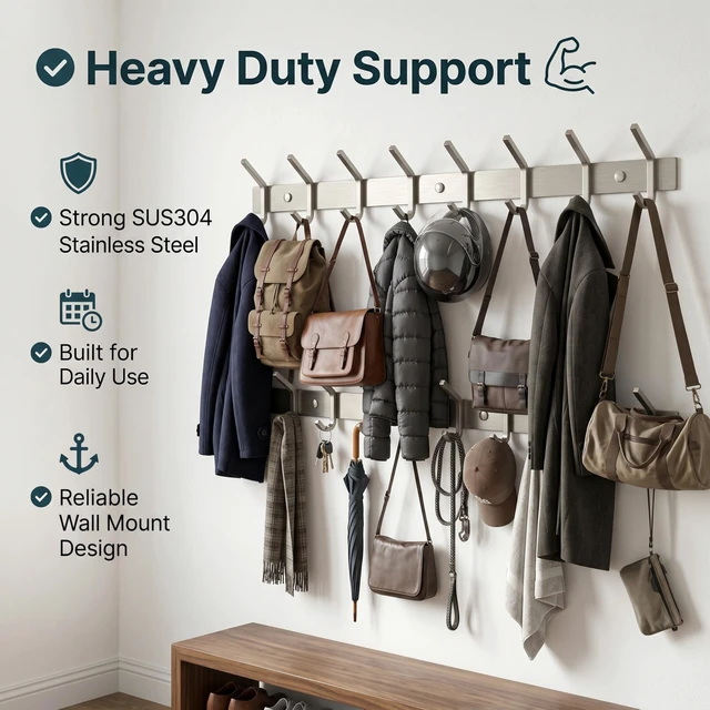Alt view image 5 of 7 - Coat Rack Wall Mount Brushed Nickel 24 Inch Stainless Steel Hook Rail with 8 Heavy Duty Double Coat Hooks Wall Mounted Coat Hanger for Entryway, Bathroom, Bedroom, Towel, Hat Organizer - 2 Pack