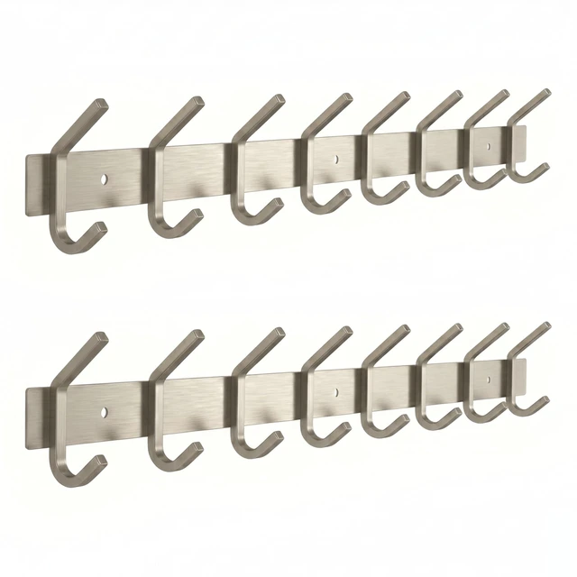 Main image of Coat Rack Wall Mount Brushed Nickel 24 Inch Stainless Steel Hook Rail with 8 Heavy Duty Double Coat Hooks Wall Mounted Coat Hanger for Entryway, Bathroom, Bedroom, Towel, Hat Organizer - 2 Pack