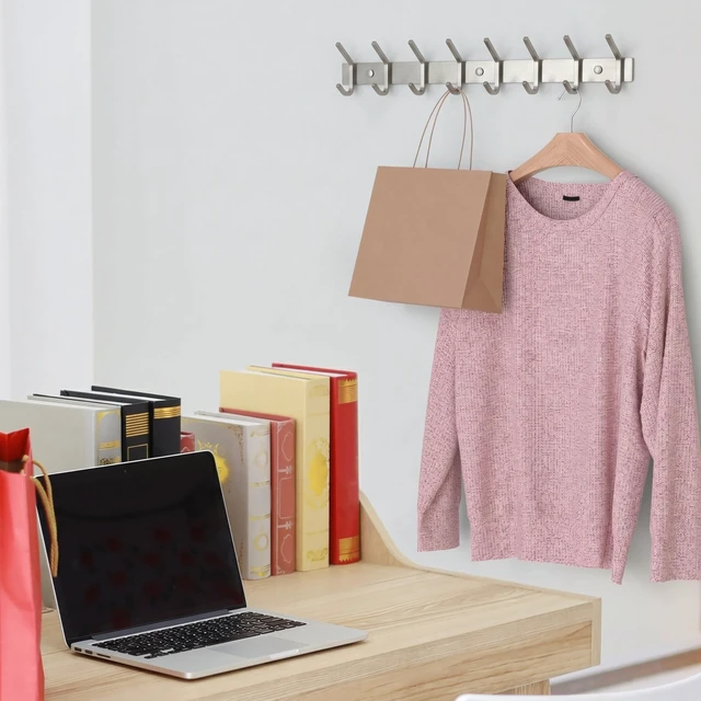 Alt view image 6 of 7 - Coat Rack Wall Mount Brushed Nickel 24 Inch Stainless Steel Hook Rail with 8 Heavy Duty Double Coat Hooks Wall Mounted Coat Hanger for Entryway, Bathroom, Bedroom, Towel, Hat Organizer - 2 Pack