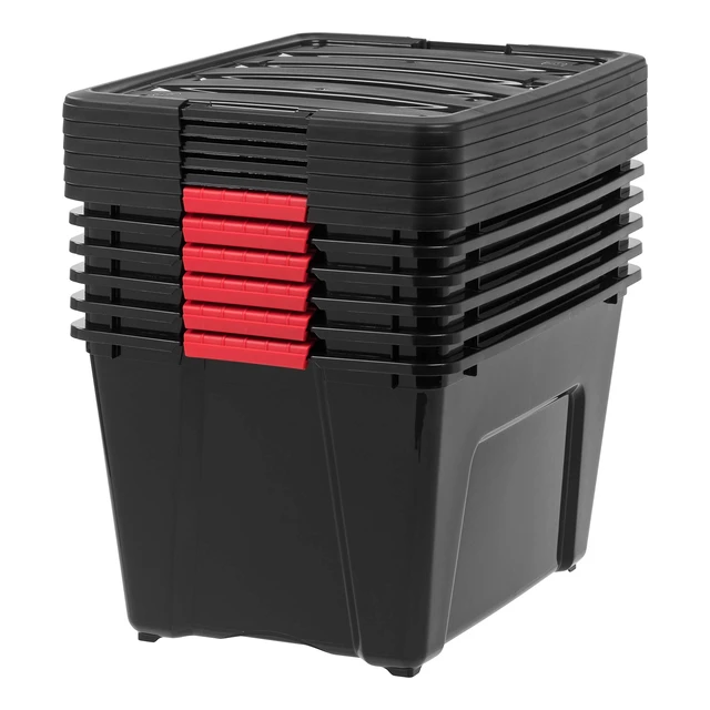 Alt view image 7 of 7 - 6-Pack 54 Quart Storage Bins with Lids, Black | Black finish conceals stored items. Perfect for moving, blankets, clothing, and garage storage. Nestable design saves space