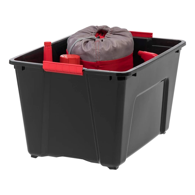 Alt view image 6 of 7 - 6-Pack 54 Quart Storage Bins with Lids, Black | Black finish conceals stored items. Perfect for moving, blankets, clothing, and garage storage. Nestable design saves space