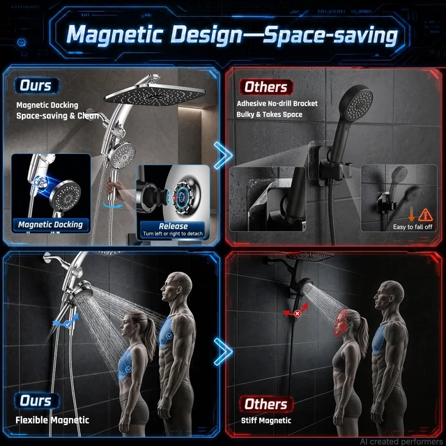 Alt view image 3 of 7 - 14" Luxurious Shower Head with Handheld,Full Body Coverage,Power Wash | Magnetic Hand Held,Dual Rain Shower Heads Combo,Large Rainfall,Double Detachable Showerheads,Ducha Para Shower,Chrome,Sliver