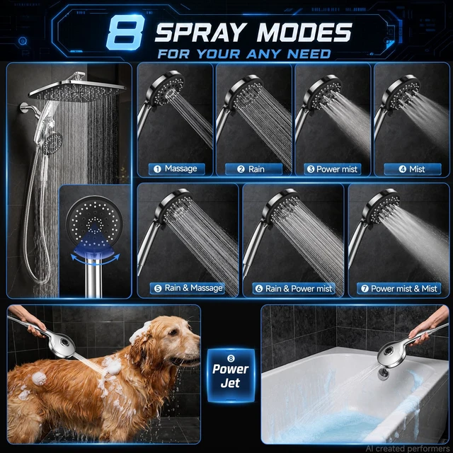 Alt view image 2 of 7 - 14" Luxurious Shower Head with Handheld,Full Body Coverage,Power Wash | Magnetic Hand Held,Dual Rain Shower Heads Combo,Large Rainfall,Double Detachable Showerheads,Ducha Para Shower,Chrome,Sliver