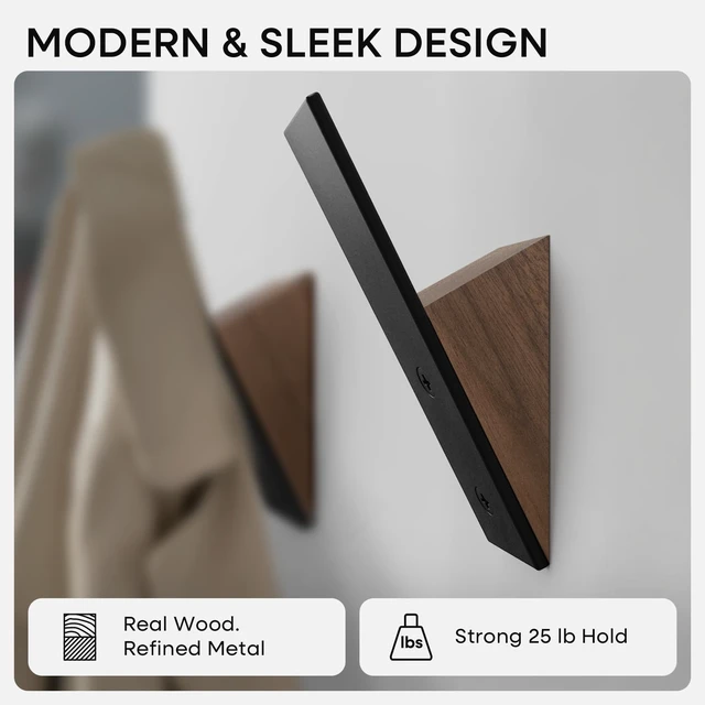 Alt view image 3 of 6 - Walnut Coat Hook, High-End Wood & Metal, Modern Design, Set of 10 | Each Hook Holds Up To 25 Lbs, Heavy Duty, Wall Mounted, Hardware Included, 4.25 x 1.25 x 1.5 Inch