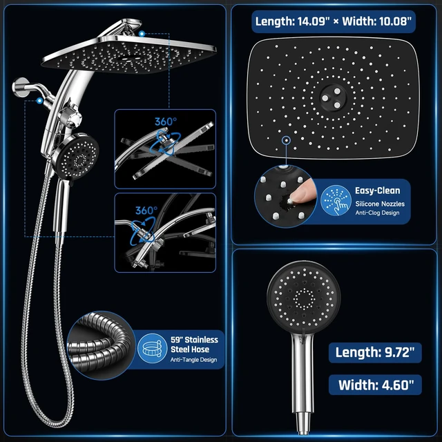 Alt view image 6 of 7 - 14" Luxurious Shower Head with Handheld,Full Body Coverage,Power Wash | Magnetic Hand Held,Dual Rain Shower Heads Combo,Large Rainfall,Double Detachable Showerheads,Ducha Para Shower,Chrome,Sliver