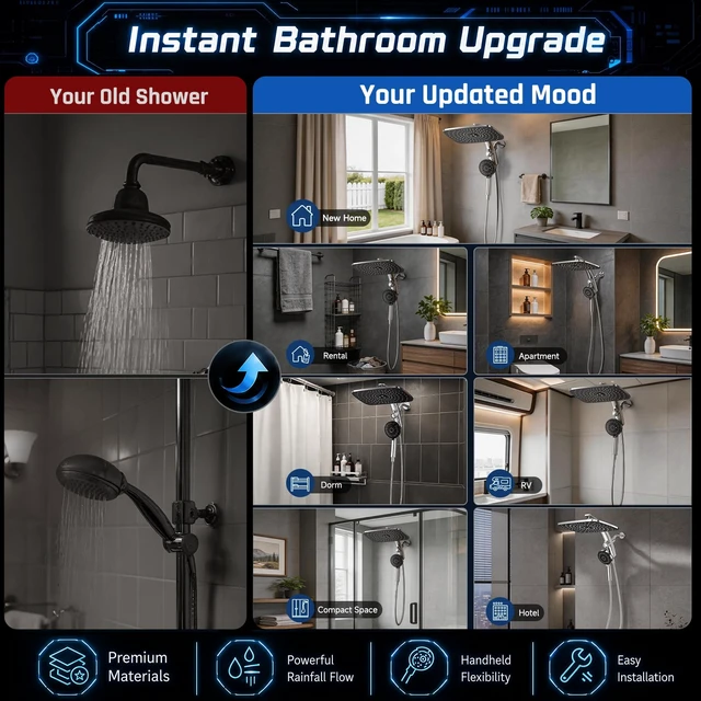 Alt view image 7 of 7 - 14" Luxurious Shower Head with Handheld,Full Body Coverage,Power Wash | Magnetic Hand Held,Dual Rain Shower Heads Combo,Large Rainfall,Double Detachable Showerheads,Ducha Para Shower,Chrome,Sliver