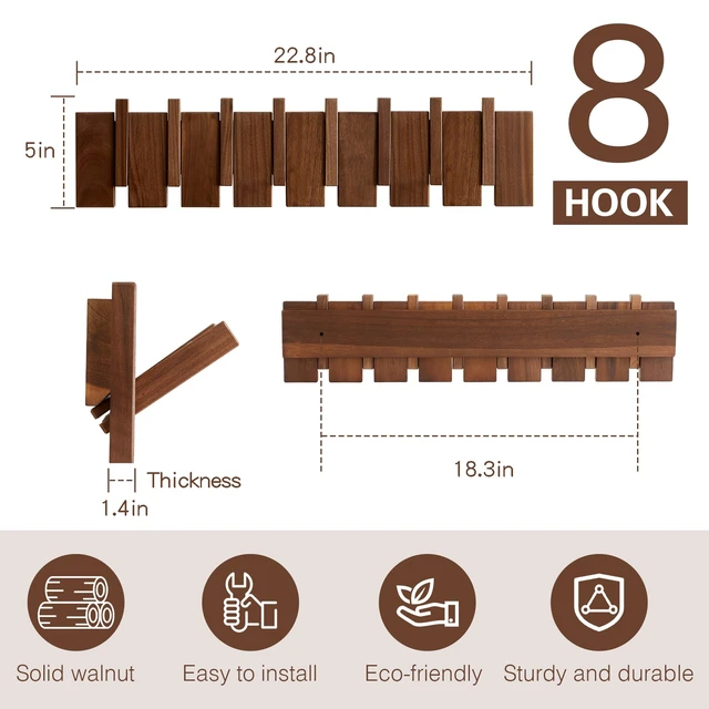 Alt view image 2 of 7 - Wood Coat Rack Wall Mount, Coat Hooks Hanger Wall Mounted, Heavy Duty Wall Coat Rack with 8 Hooks for Hanging Coats/Keys/Hats/Robe&Towels/Plants/Bags, Walnut