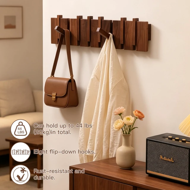 Alt view image 3 of 7 - Wood Coat Rack Wall Mount, Coat Hooks Hanger Wall Mounted, Heavy Duty Wall Coat Rack with 8 Hooks for Hanging Coats/Keys/Hats/Robe&Towels/Plants/Bags, Walnut