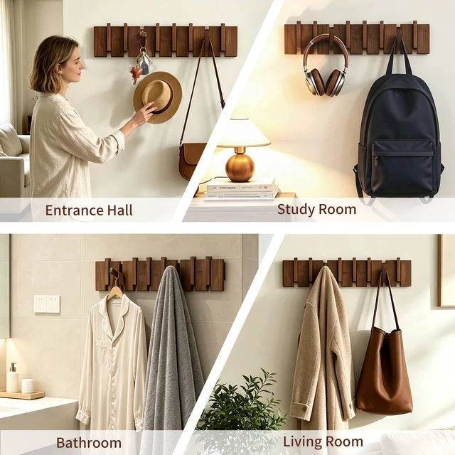 Alt view image 5 of 7 - Wood Coat Rack Wall Mount, Coat Hooks Hanger Wall Mounted, Heavy Duty Wall Coat Rack with 8 Hooks for Hanging Coats/Keys/Hats/Robe&Towels/Plants/Bags, Walnut