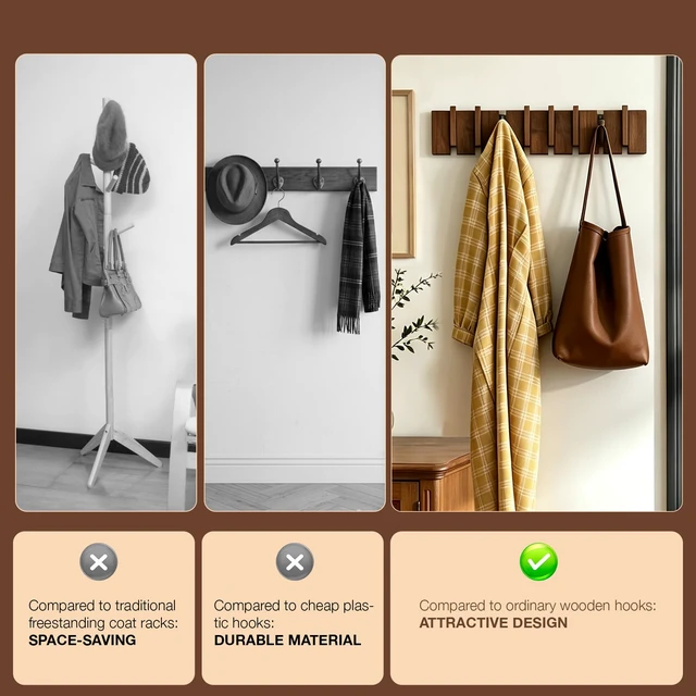 Alt view image 6 of 7 - Wood Coat Rack Wall Mount, Coat Hooks Hanger Wall Mounted, Heavy Duty Wall Coat Rack with 8 Hooks for Hanging Coats/Keys/Hats/Robe&Towels/Plants/Bags, Walnut