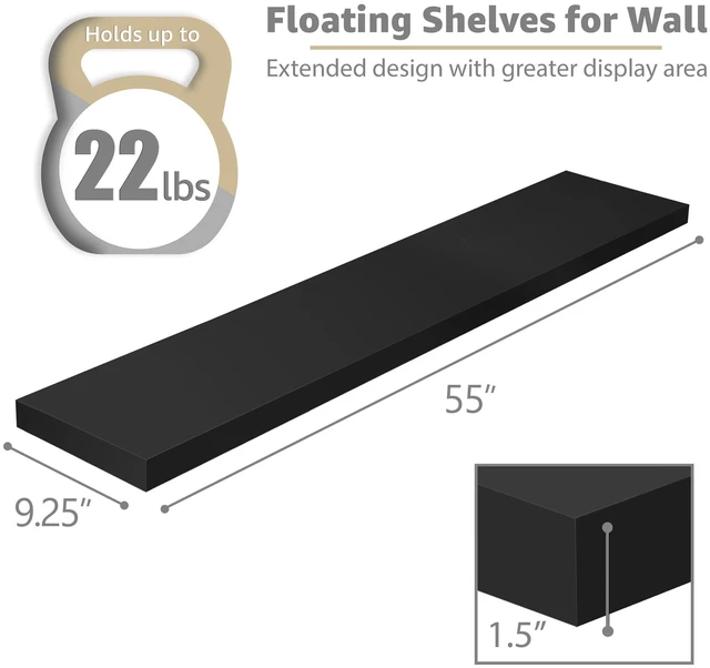 Alt view image 2 of 7 - Floating Shelves for Wall Storage (55 Inch, 2 Pack, Black) | Clean display for home accents, books and collectibles; hidden brackets suit bathrooms, bedrooms and kitchens.