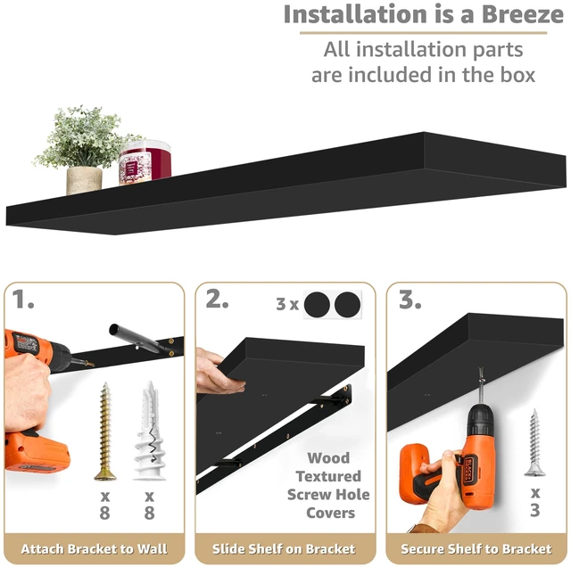 Alt view image 4 of 7 - Floating Shelves for Wall Storage (55 Inch, 2 Pack, Black) | Clean display for home accents, books and collectibles; hidden brackets suit bathrooms, bedrooms and kitchens.