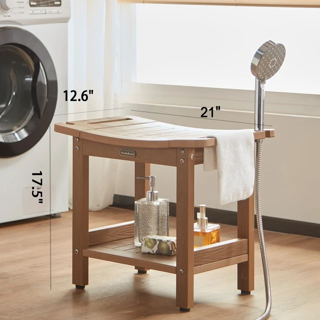 Alt view image 2 of 7 - Poly Shower Stool for Inside Shower Waterproof, Shower Bench for Shaving Legs, Heavy Duty Plastic Bathroom Chair Seat with Handles & Adjustable Feet, Foot Rest, No Maintenance, Brown