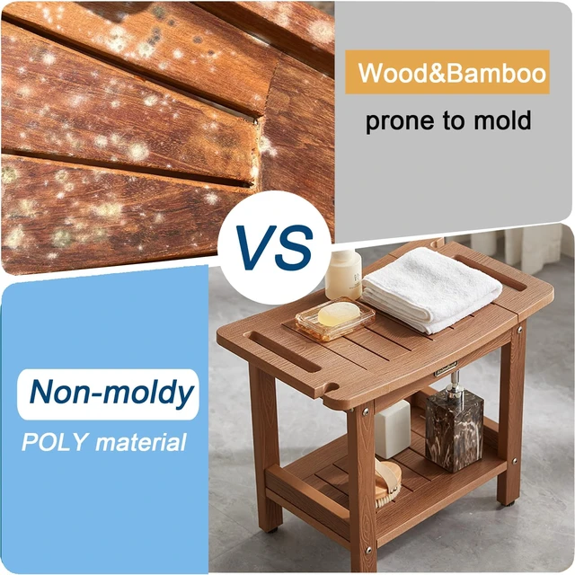 Alt view image 4 of 7 - Poly Shower Stool for Inside Shower Waterproof, Shower Bench for Shaving Legs, Heavy Duty Plastic Bathroom Chair Seat with Handles & Adjustable Feet, Foot Rest, No Maintenance, Brown