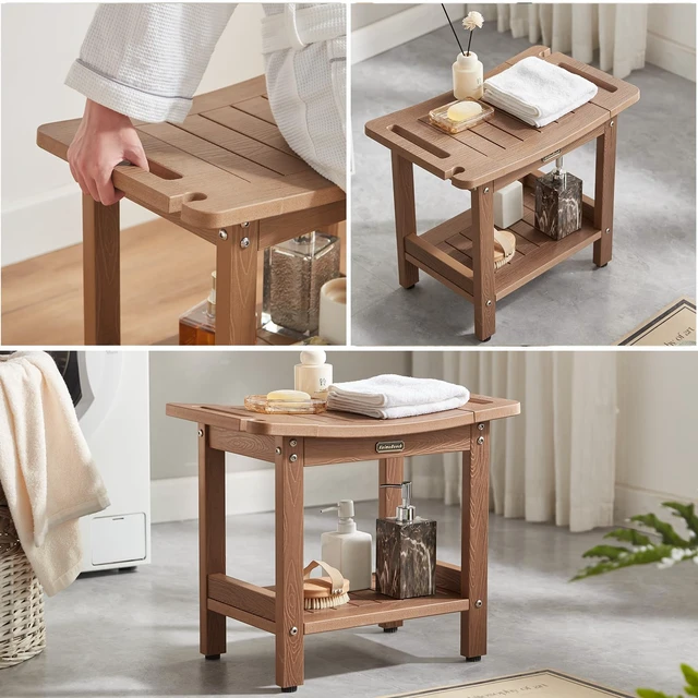 Alt view image 6 of 7 - Poly Shower Stool for Inside Shower Waterproof, Shower Bench for Shaving Legs, Heavy Duty Plastic Bathroom Chair Seat with Handles & Adjustable Feet, Foot Rest, No Maintenance, Brown