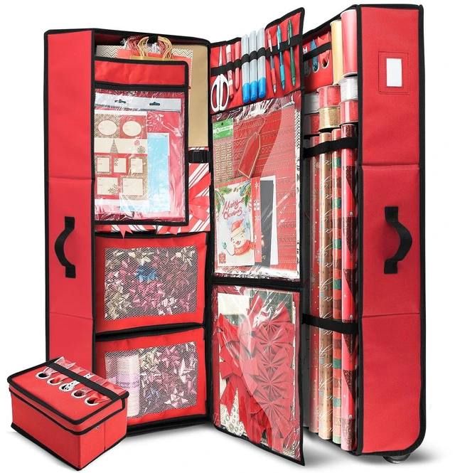 Main image of Wrapping Paper Storage Container with Ribbon Dispenser and Interior Pockets - Large Christmas Storage Containers with Wheels, Fits 30 Rolls of 40" Length, Red