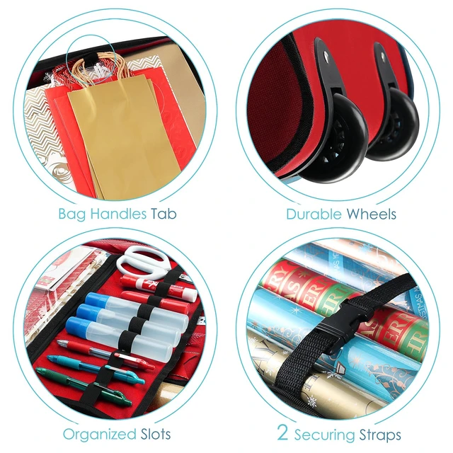 Alt view image 5 of 7 - Wrapping Paper Storage Container with Ribbon Dispenser and Interior Pockets - Large Christmas Storage Containers with Wheels, Fits 30 Rolls of 40" Length, Red