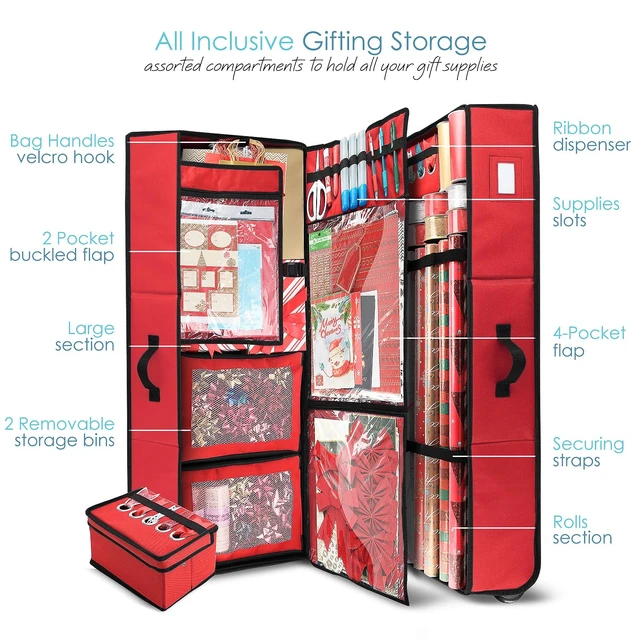 Alt view image 2 of 7 - Wrapping Paper Storage Container with Ribbon Dispenser and Interior Pockets - Large Christmas Storage Containers with Wheels, Fits 30 Rolls of 40" Length, Red