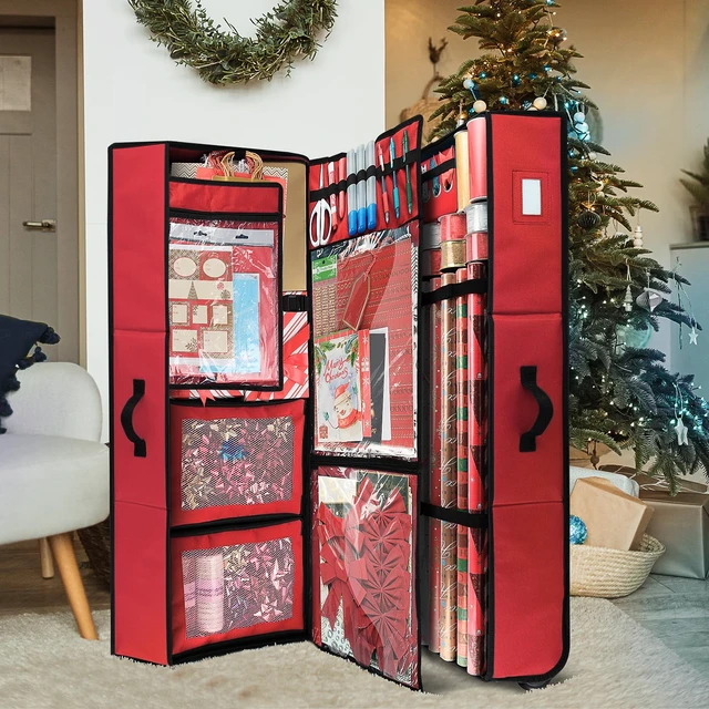 Alt view image 6 of 7 - Wrapping Paper Storage Container with Ribbon Dispenser and Interior Pockets - Large Christmas Storage Containers with Wheels, Fits 30 Rolls of 40" Length, Red