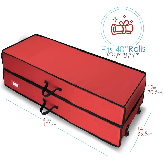 Alt view image 7 of 7 - Wrapping Paper Storage Container with Ribbon Dispenser and Interior Pockets - Large Christmas Storage Containers with Wheels, Fits 30 Rolls of 40" Length, Red