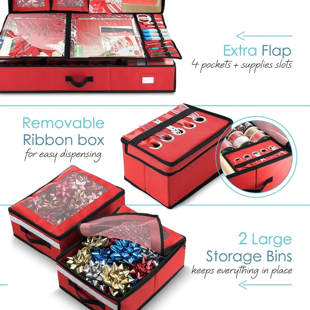 Alt view image 4 of 7 - Wrapping Paper Storage Container with Ribbon Dispenser and Interior Pockets - Large Christmas Storage Containers with Wheels, Fits 30 Rolls of 40" Length, Red