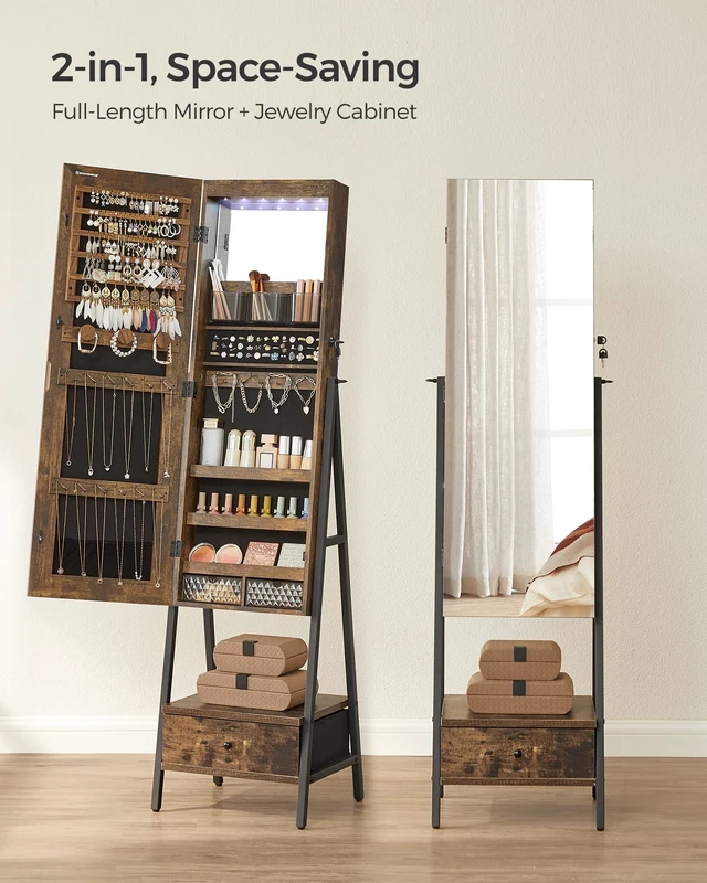 Alt view image 2 of 7 - LED Mirror Jewelry Cabinet Armoire, Freestanding Lockable | Freestanding Organizer with 2 Plastic Cosmetic Storage, for Necklace Earring, Rustic Brown and Ink Black UJJC025X01