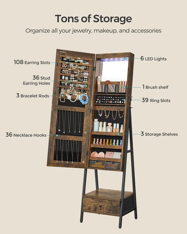 Alt view image 3 of 7 - LED Mirror Jewelry Cabinet Armoire, Freestanding Lockable | Freestanding Organizer with 2 Plastic Cosmetic Storage, for Necklace Earring, Rustic Brown and Ink Black UJJC025X01