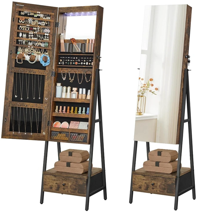 Main image of LED Mirror Jewelry Cabinet Armoire, Freestanding Lockable | Freestanding Organizer with 2 Plastic Cosmetic Storage, for Necklace Earring, Rustic Brown and Ink Black UJJC025X01