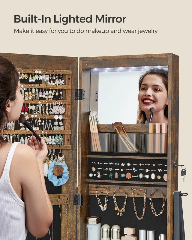 Alt view image 4 of 7 - LED Mirror Jewelry Cabinet Armoire, Freestanding Lockable | Freestanding Organizer with 2 Plastic Cosmetic Storage, for Necklace Earring, Rustic Brown and Ink Black UJJC025X01