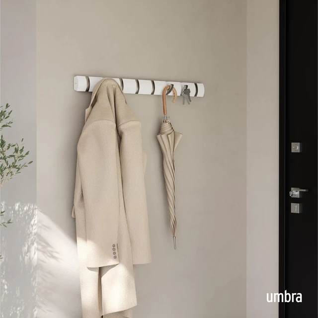 Alt view image 2 of 7 - Flip Coat Rack, Wall Mount 8-Hook, Space Saving, White | Real wood and steel build, retractable hooks fold flat, holds coats bags and scarves, easy install