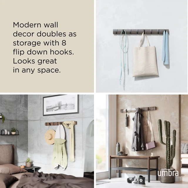 Alt view image 4 of 7 - Flip Coat Rack, Wall Mount 8-Hook, Space Saving, White | Real wood and steel build, retractable hooks fold flat, holds coats bags and scarves, easy install