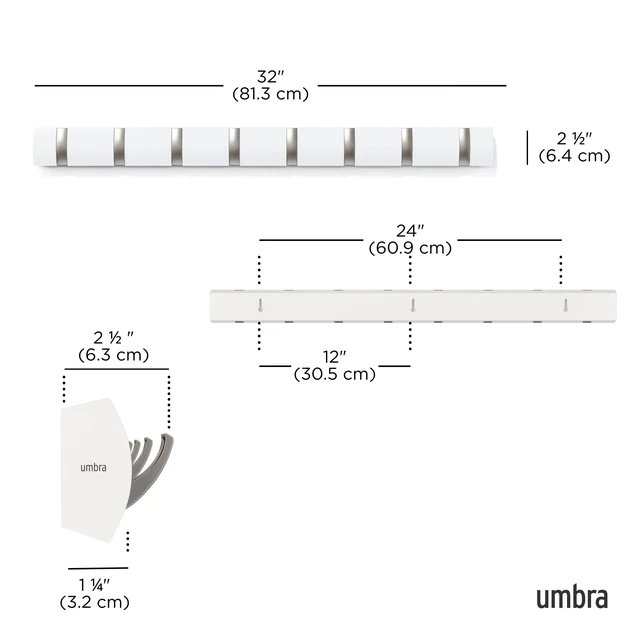 Alt view image 3 of 7 - Flip Coat Rack, Wall Mount 8-Hook, Space Saving, White | Real wood and steel build, retractable hooks fold flat, holds coats bags and scarves, easy install