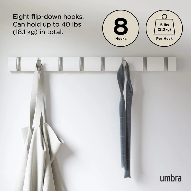 Alt view image 5 of 7 - Flip Coat Rack, Wall Mount 8-Hook, Space Saving, White | Real wood and steel build, retractable hooks fold flat, holds coats bags and scarves, easy install