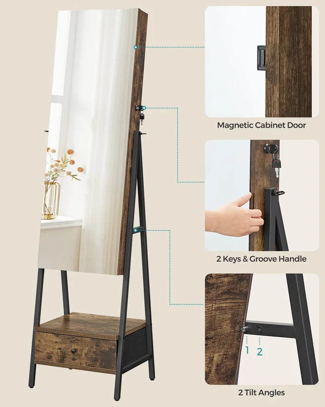 Alt view image 7 of 7 - LED Mirror Jewelry Cabinet Armoire, Freestanding Lockable | Freestanding Organizer with 2 Plastic Cosmetic Storage, for Necklace Earring, Rustic Brown and Ink Black UJJC025X01