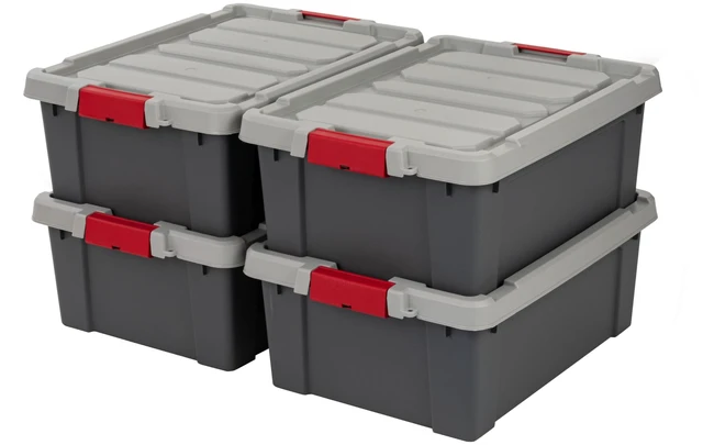 Main image of 4-Pack 12 Gal Heavy Duty Lockable Storage Totes with lids, Gray | Ideal for household supplies, seasonal décor and camping gear, Secure latches help keep contents protected